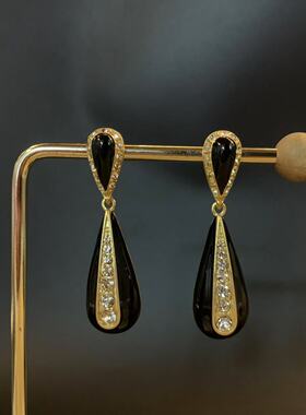 2025新中古vintage黑色珐琅水钻高级感女批发日常通勤流苏耳钉