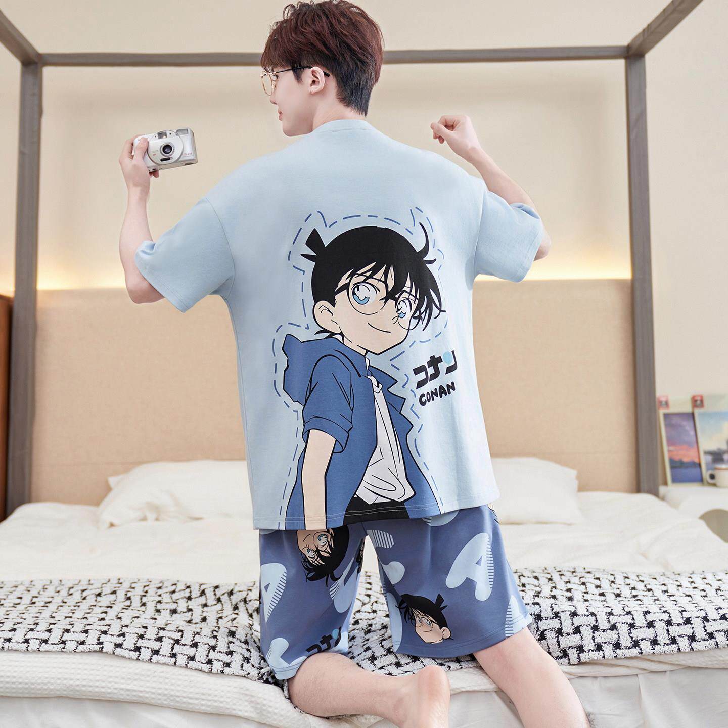 芬腾睡衣男士纯棉短袖夏季薄款男款青少年初中学生家居服套装大码