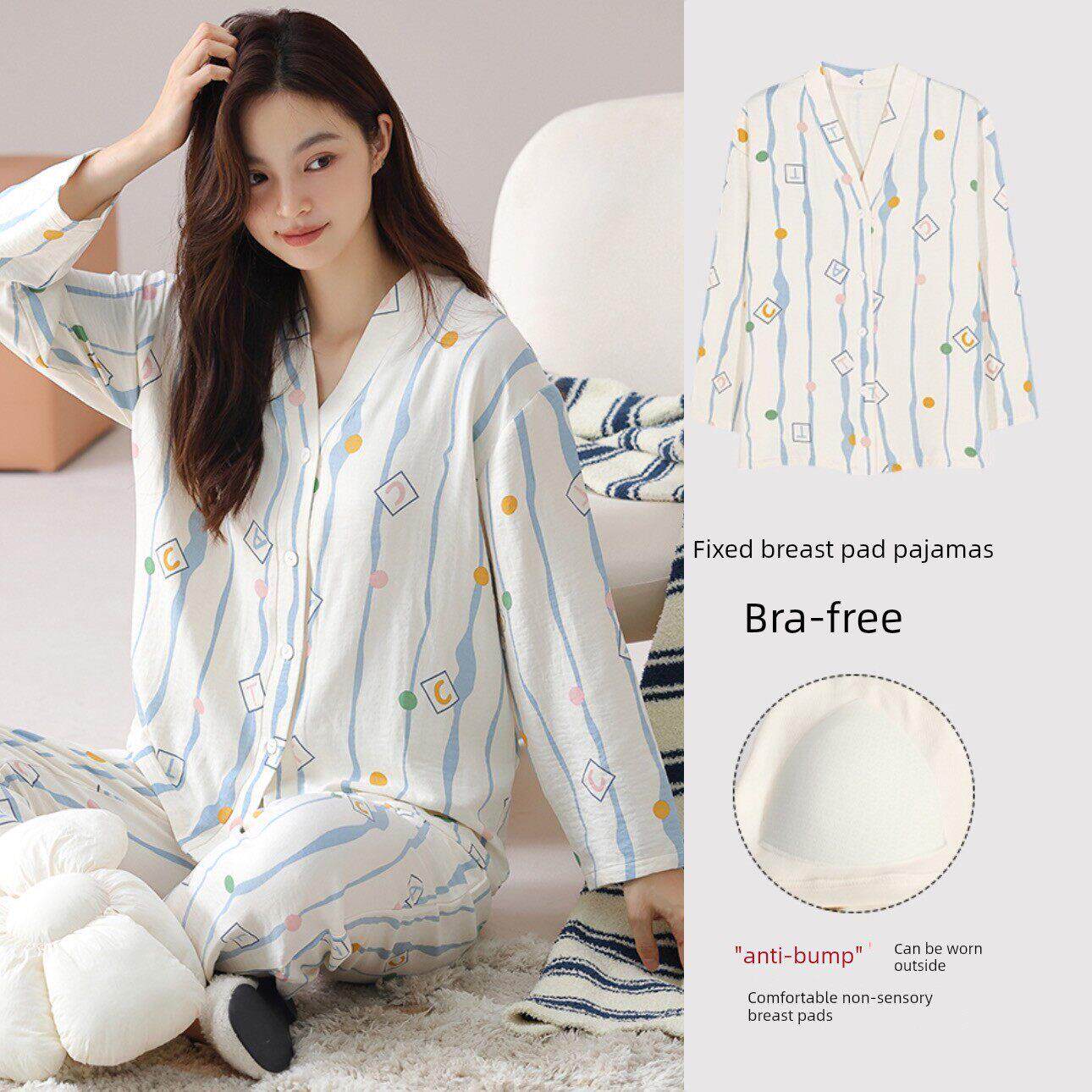 芬腾睡衣女款春秋季2026新款云棉女式护胸开襟长袖休闲家居服套装