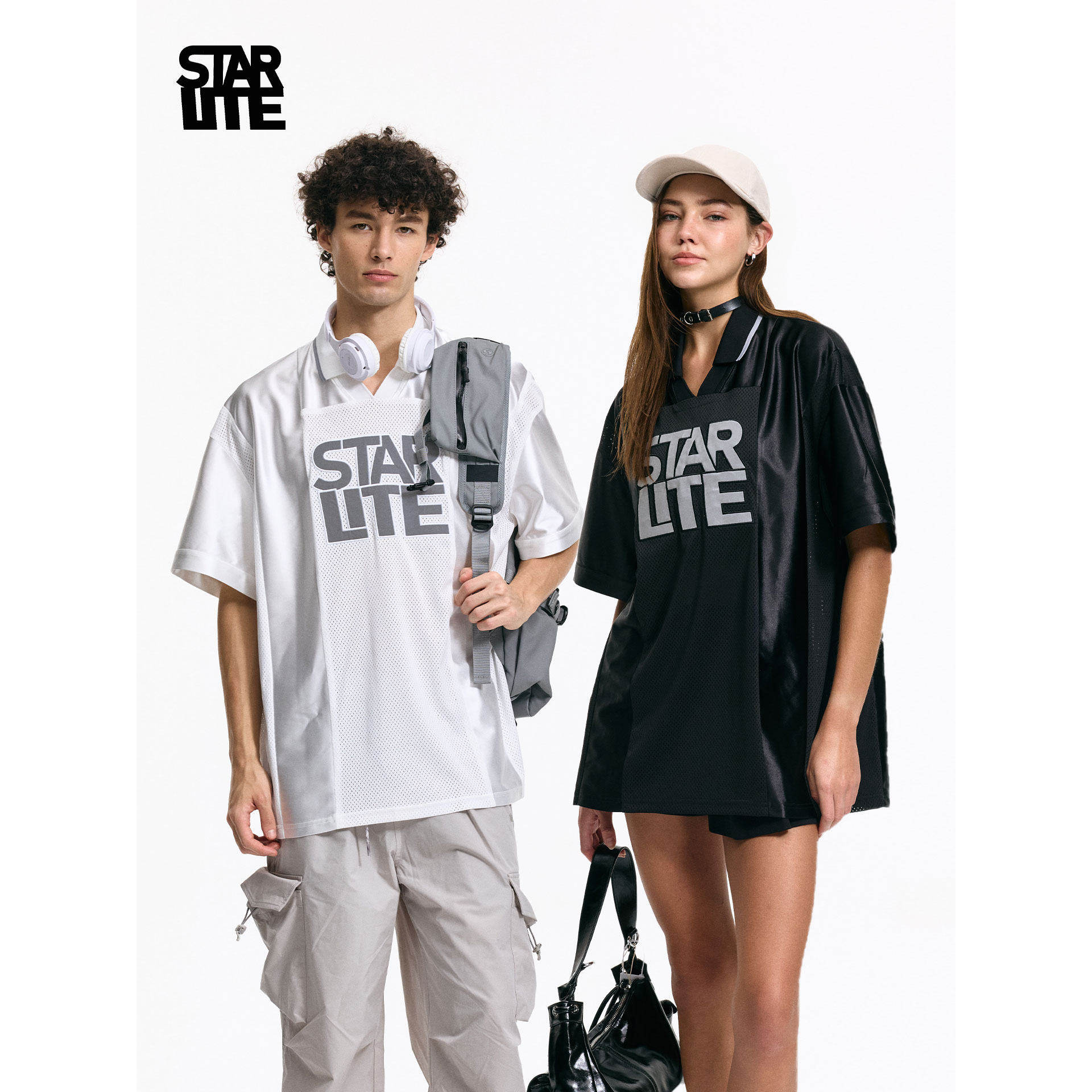 starlite美式复古足球衣字母刺绣反光泽西风情侣短袖T恤男女同款