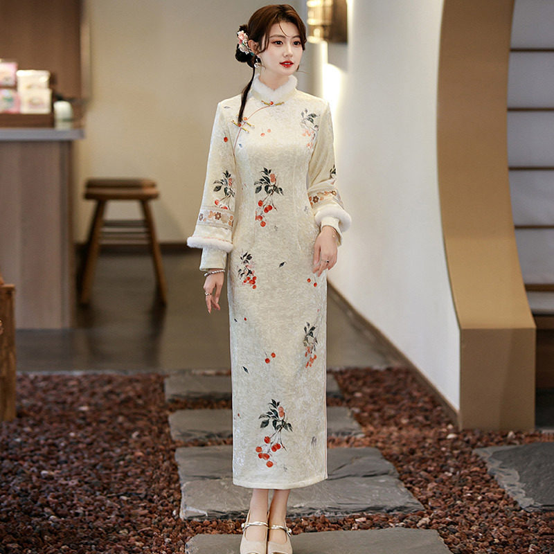 2026新款白色加绒国风苏州长袖改良旗袍冬季厚款女新中式复古