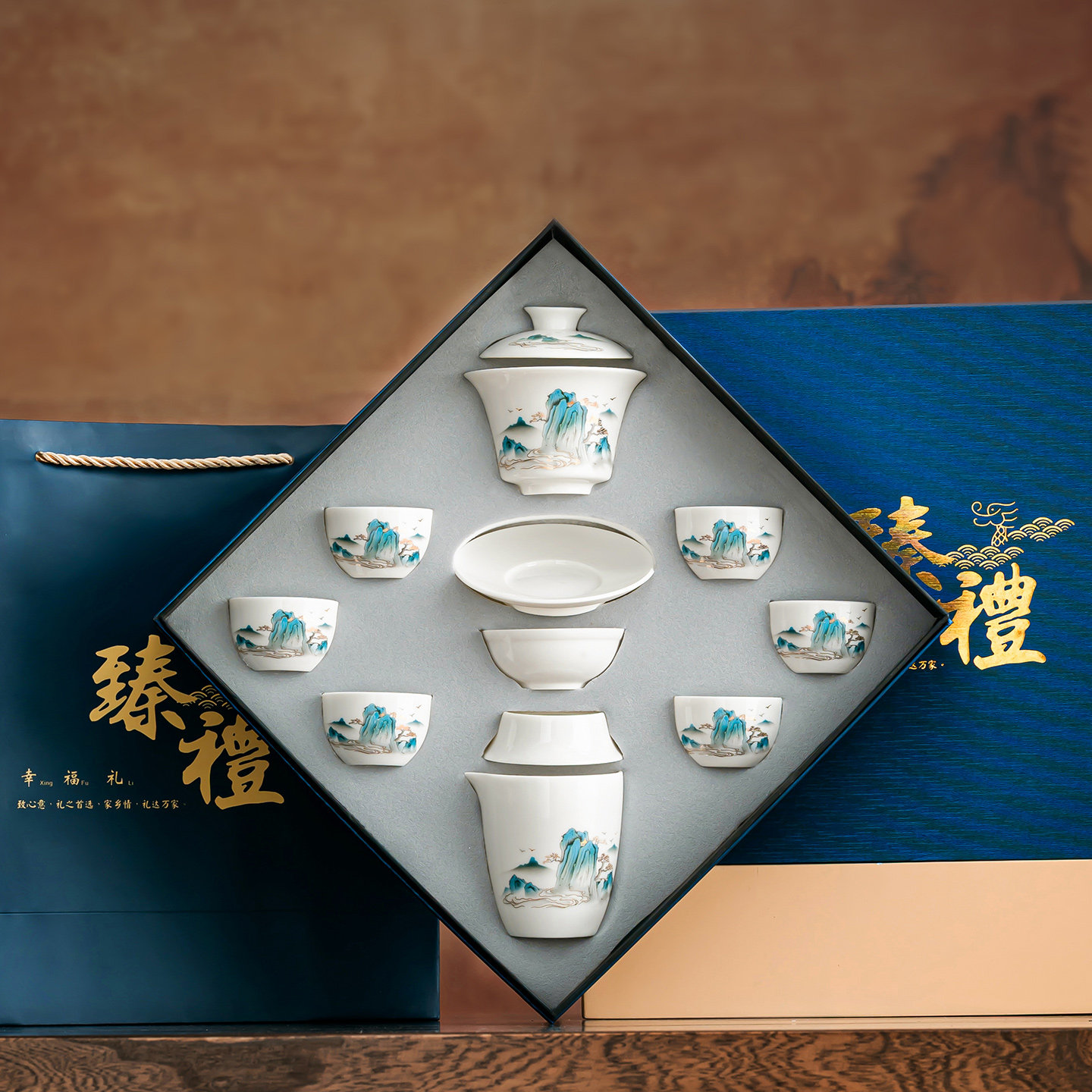 羊脂玉白瓷茶具套装高档轻奢泡茶专用整套盖碗悬停礼物送长辈领导