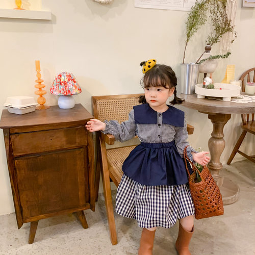 2026新款韩国童裙套装春秋季新品韩版女童大翻领格子连衣裙+围裙
