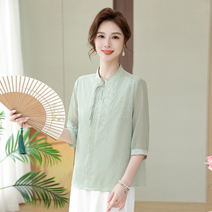 2026新款新中式妈妈夏装雪纺上衣中老年女装短袖国风小衫洋气