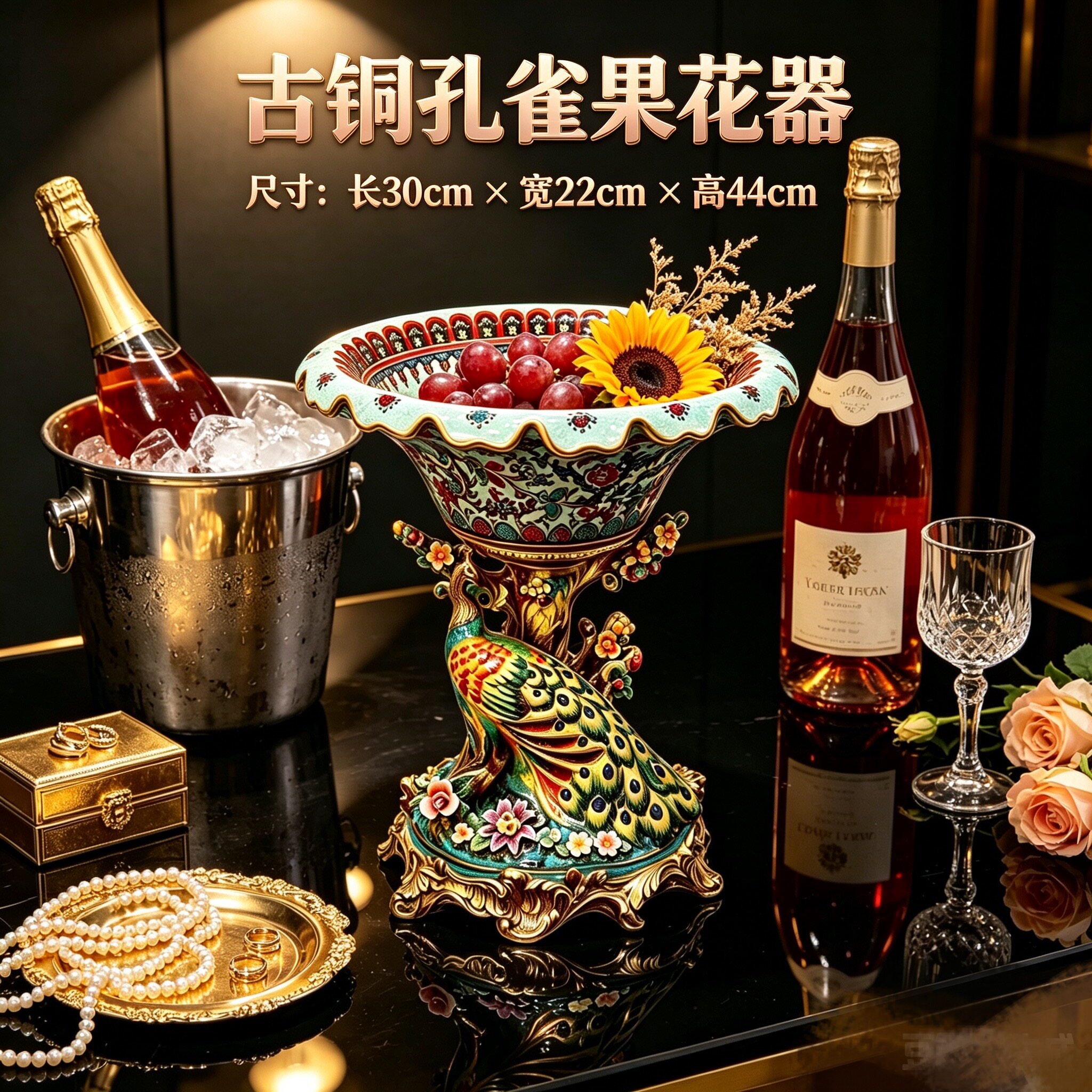 陶瓷摆件&bull;古铜孔雀花果器&bull;30&times;22&times;44厘米 一器多用 中古瓷器