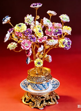 空间美器 铜配瓷永生花 铜铸青枝抱玉华 窑开千度出瓷花