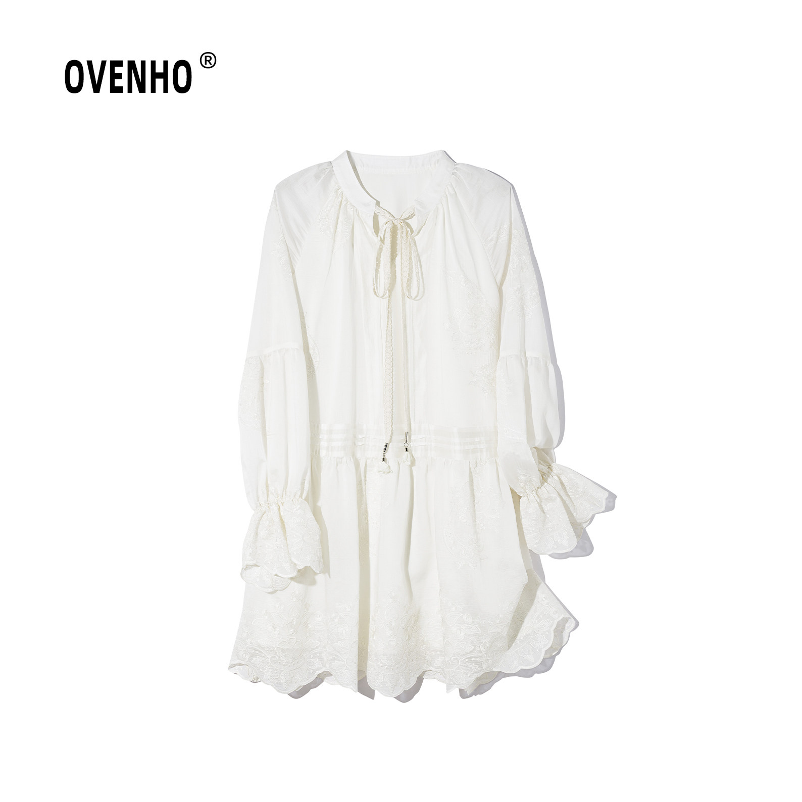 OVENHO文厚 一亩清阴重磅天丝刺绣仙气连衣裙