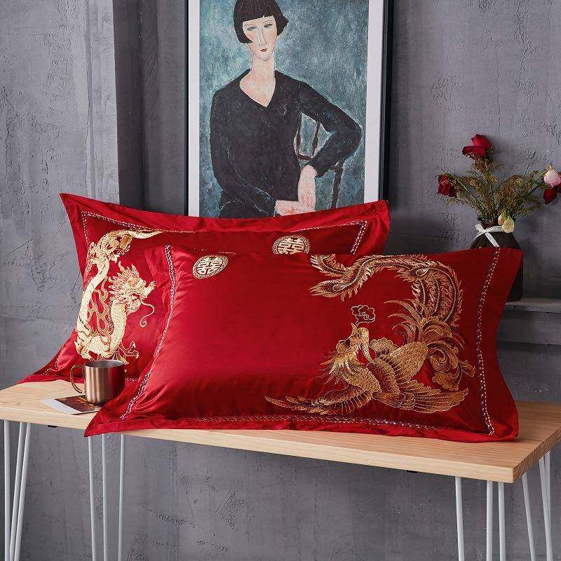 一对装纯棉全棉枕头套48x74绣花刺绣大红色婚庆喜庆结婚单人枕套
