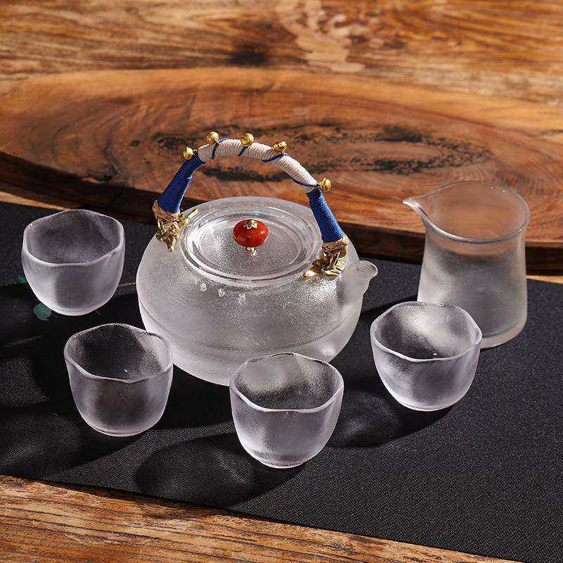 东海原矿工艺水晶杯茶具套装提梁壶高档烧水壶纯手工制作磨砂茶器