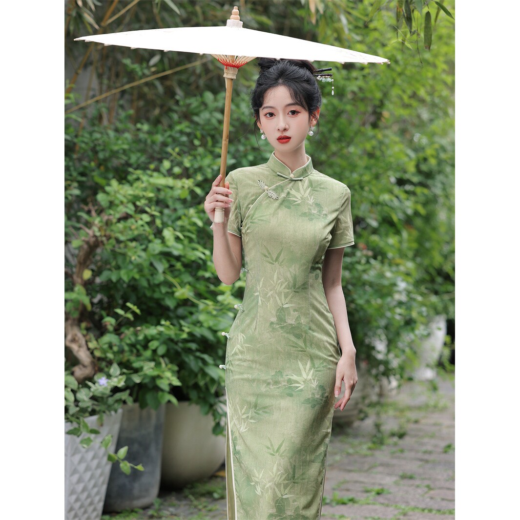 2026新款夏季网纱印花长款侧扣旗袍绿色竹叶节节高升日常旗袍高品