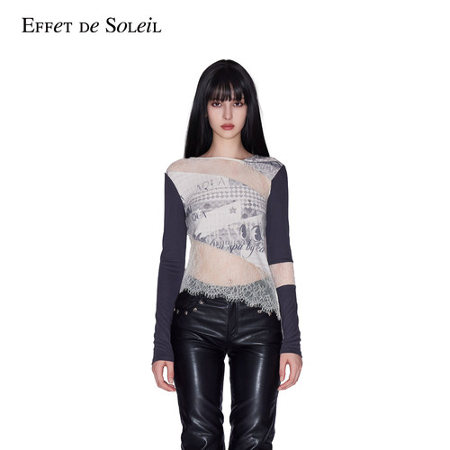 【虞书欣明星同款】Effet de Soleil印花蕾丝拼接长袖T恤新品26秋