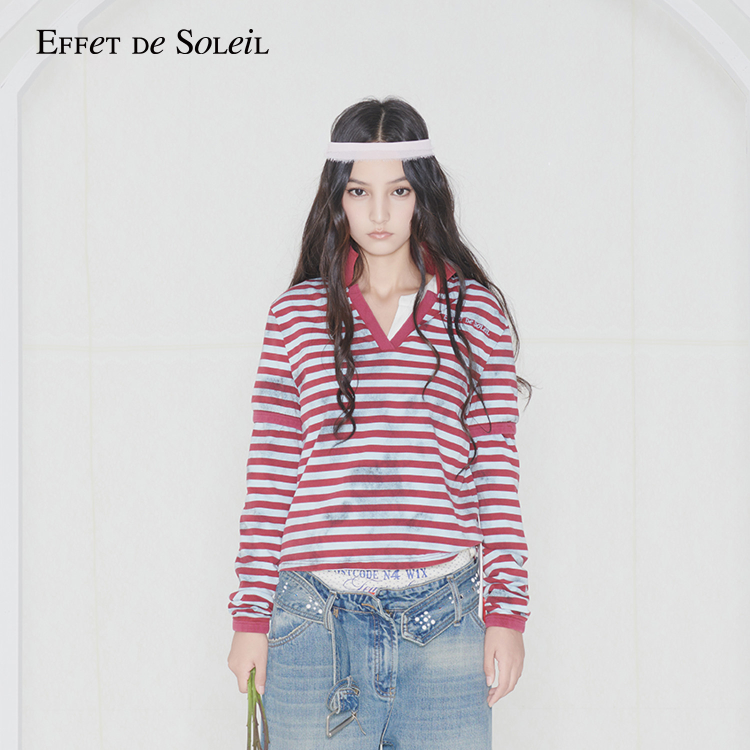 Effet de Soleil复古V领条纹撞色长袖T恤打底衫上衣女装