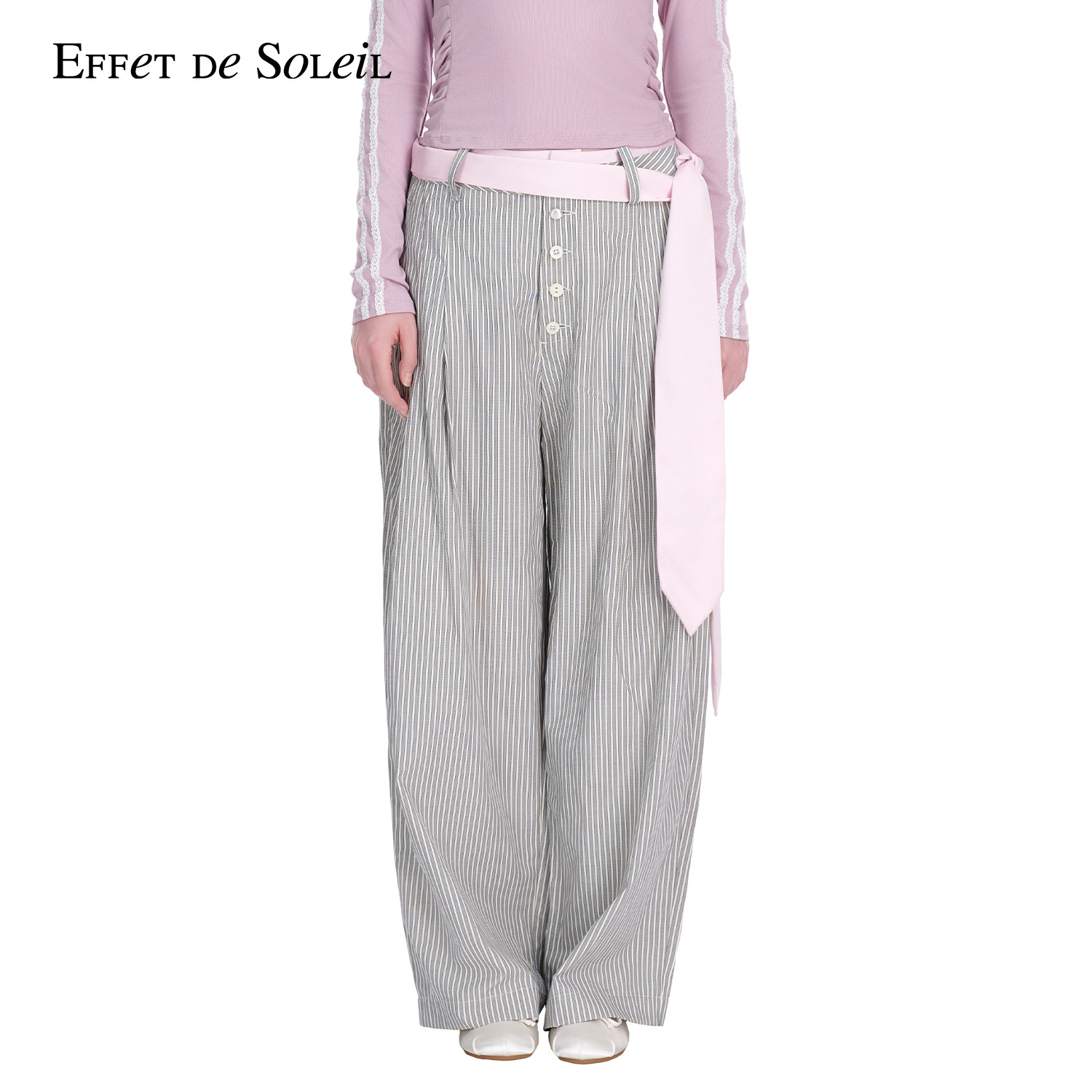 Effet de Soleil系带条纹休闲长裤宽松阔腿裤女装新品26春