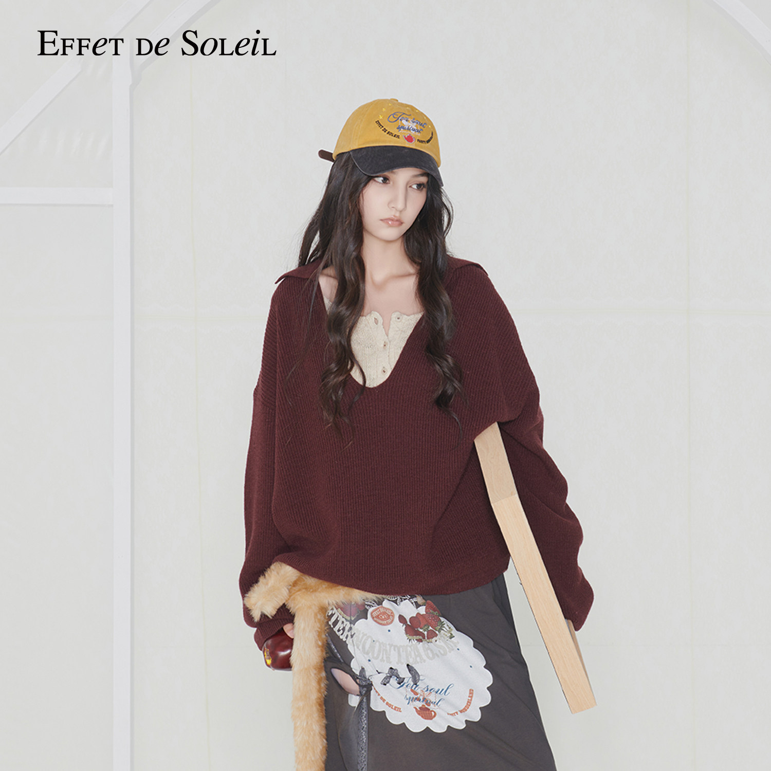 Effet de Soleil宽松慵懒V领针织衫长袖上衣女休闲毛衣打底衫新品