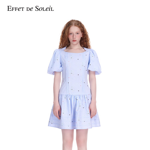 Effet de Soleil碎花印花格纹泡泡袖连衣裙收腰短裙女装新品26夏