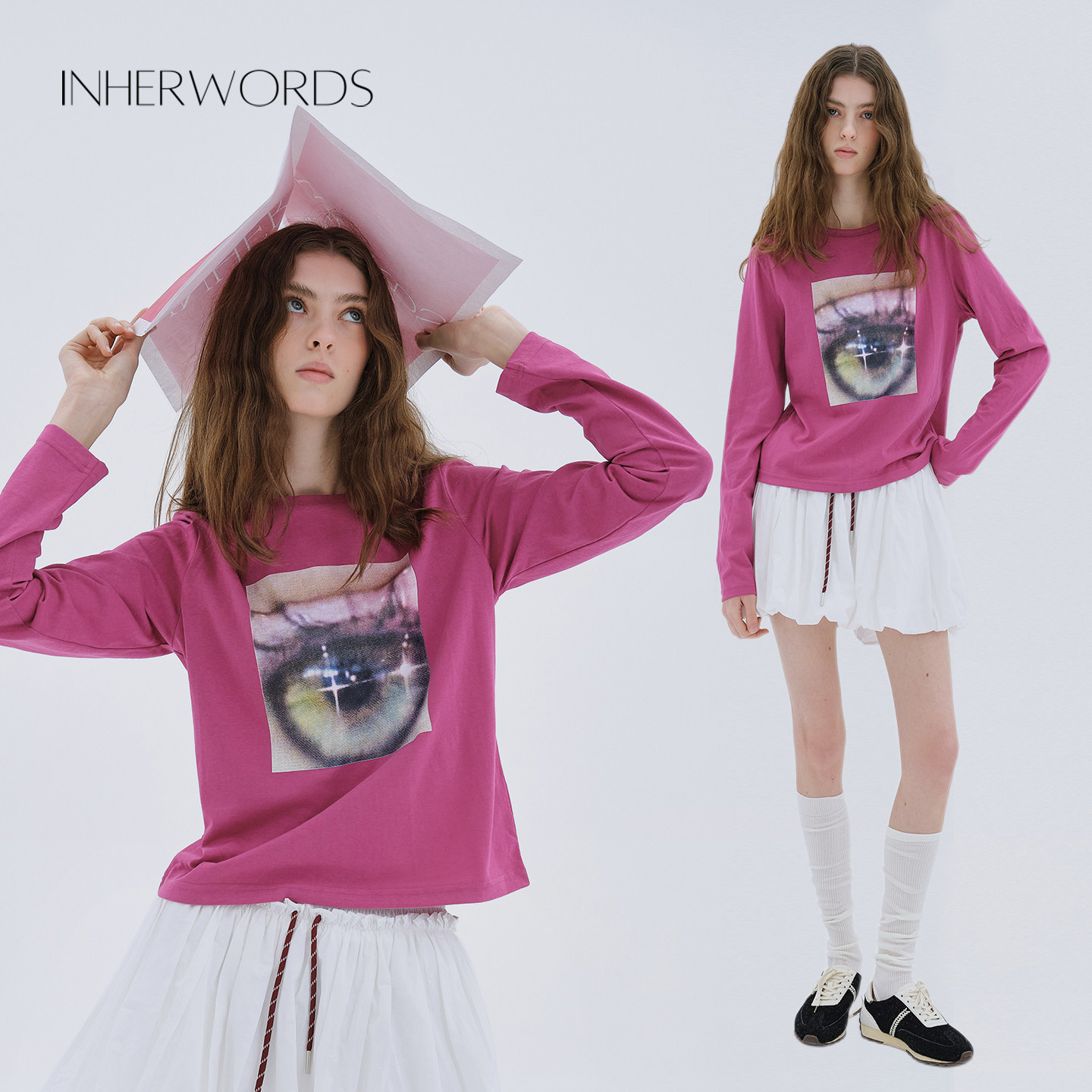 INHERWORDS 玫红色百搭春季潮流设计感个性眼球印花圆领长袖T恤女