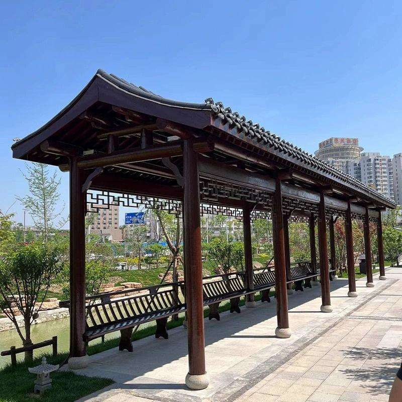 防腐木户外长廊文化走廊菠萝格凉亭仿古庭院连廊实木廊架别墅亭子