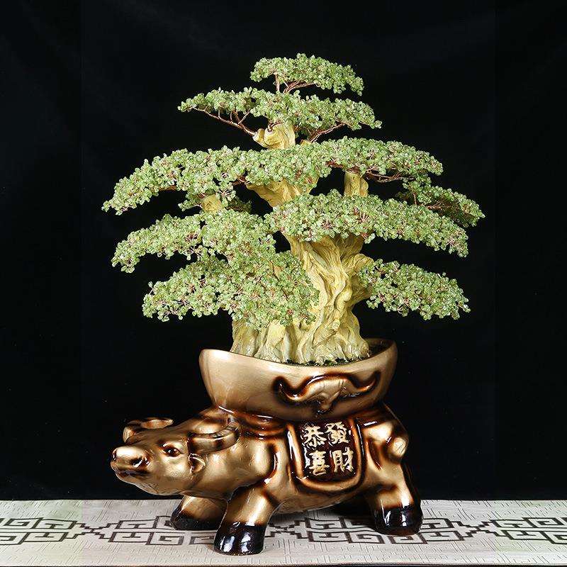 牛气冲天大号天然黄水晶橄榄石加密小颗粒招财摆件家居恭喜发财树