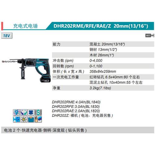 牧田Makita充电式电锤DHR202RME/RAE/Z锂电20型