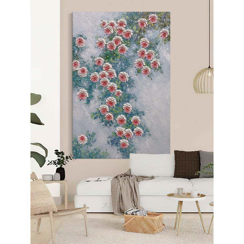 客厅奶油风粉色玫瑰花手绘油画玄关立体石英砂装饰画大幅肌理挂画