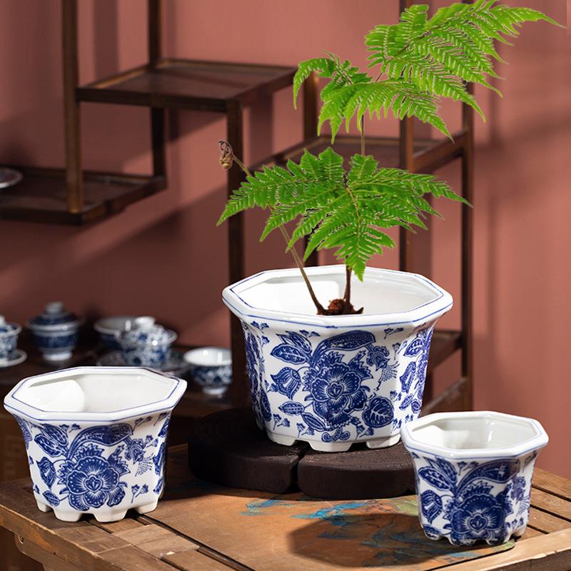新中式陶瓷花盆带漏水孔水培鲜花绿植陶瓷花盆别墅落地陶瓷花盆