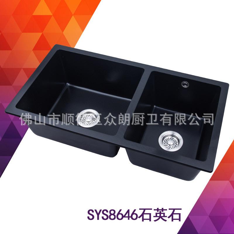 黑色石英石台下双盆水槽厨房水槽黑色花岗岩双盆8646
