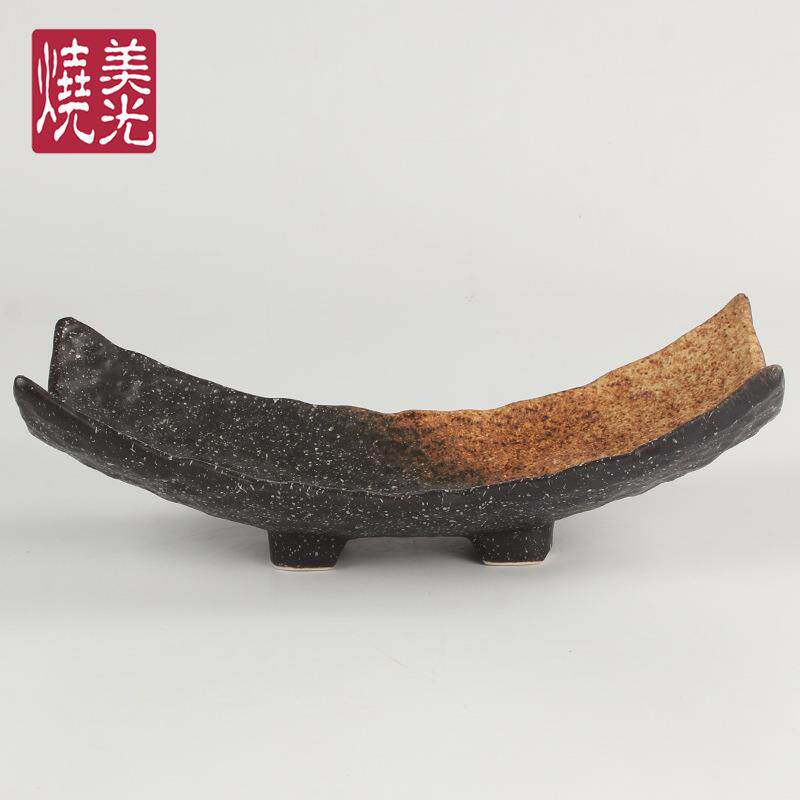 美光烧日式粗陶异形餐具和风陶瓷创意弯形盘子鱼盘餐盘冷菜盘