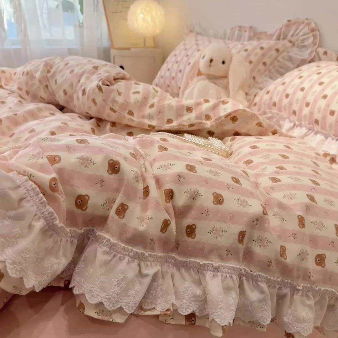 仙女款荷叶边全棉双层纱四件套公主风纯棉被套少女心床裙1.8m床品
