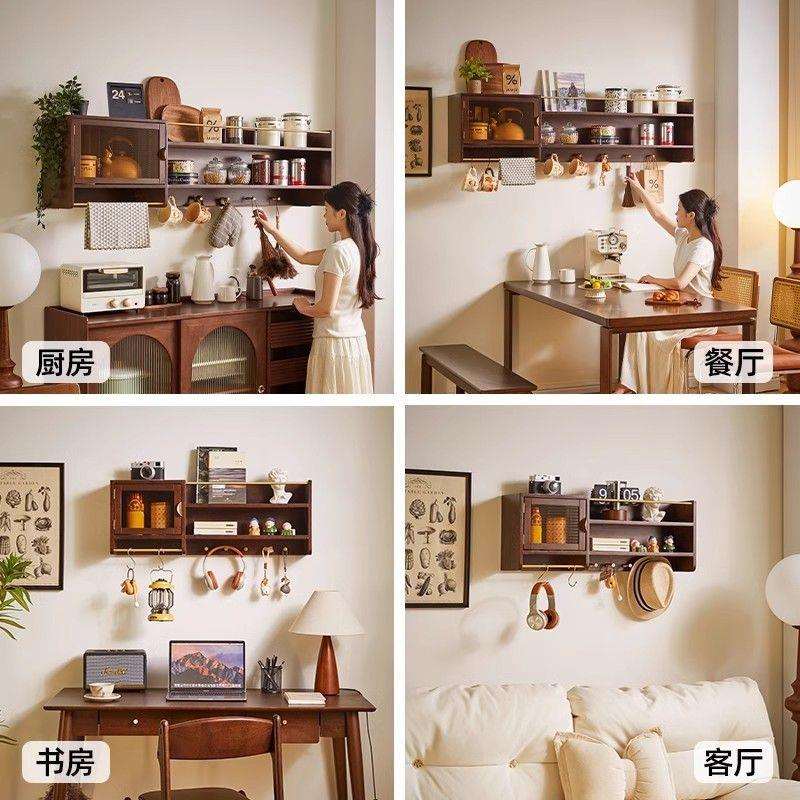 实木中古风吊柜墙上置物架挂墙杯子柜北欧厨房壁柜悬浮餐边柜酒柜