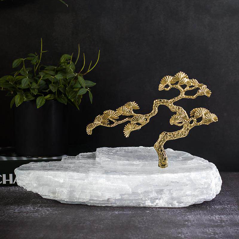 新中式铜制品迎客松水晶矿石轻奢摆件玄关桌面书柜松木摆件装饰品