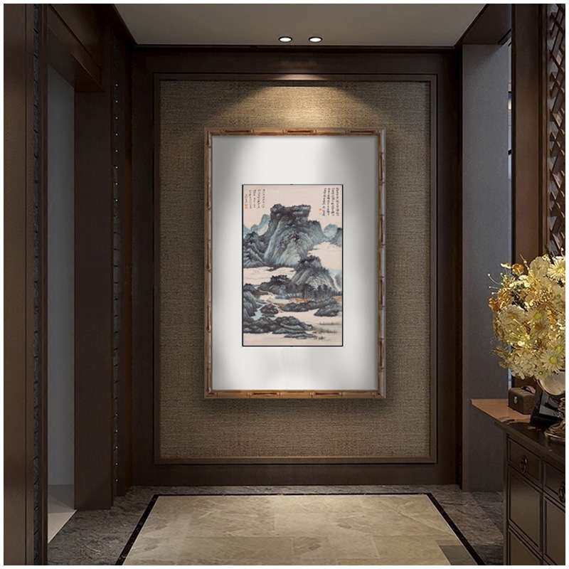 新中式玄关装饰画张大千山水画芯客厅竖版无框画名家字画卷轴