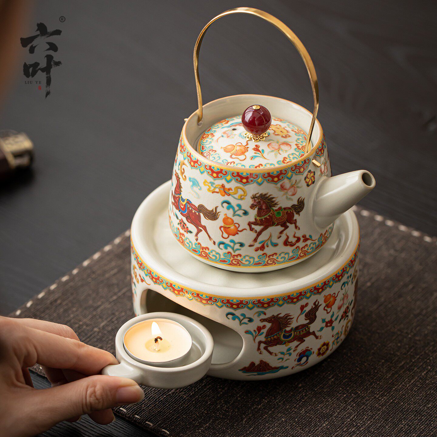 六叶汝窑温茶炉暖茶炉花茶壶蜡烛煮茶炉陶瓷底座加热炉保温煮茶器
