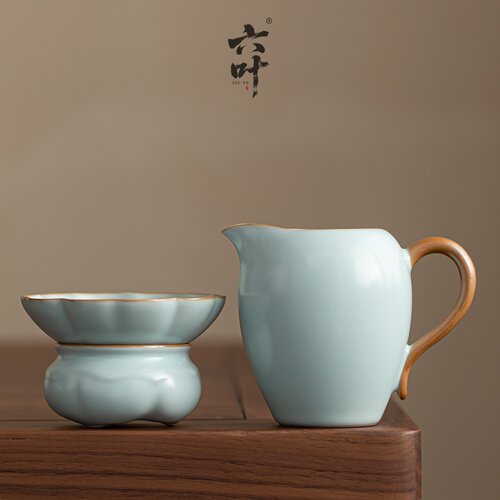 六叶汝窑天青公道杯简约陶瓷功夫茶具分茶器茶海冰裂釉过滤组茶滤