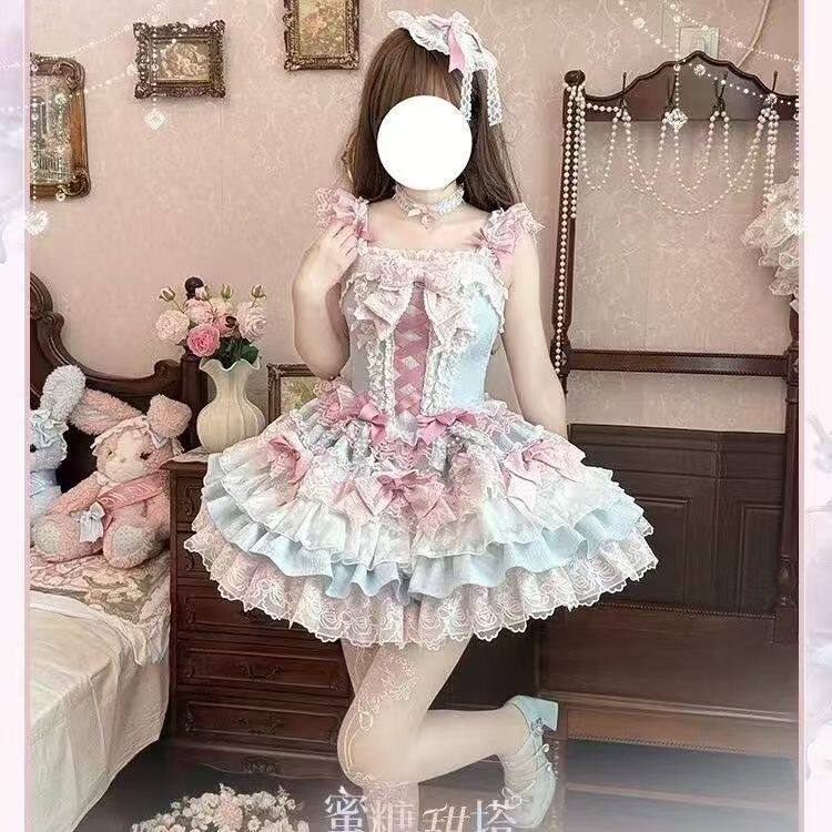 蜜糖甜塔新品芭蕾洋装Lolitajsk可爱公主裙洛丽塔粉色吊带连衣裙