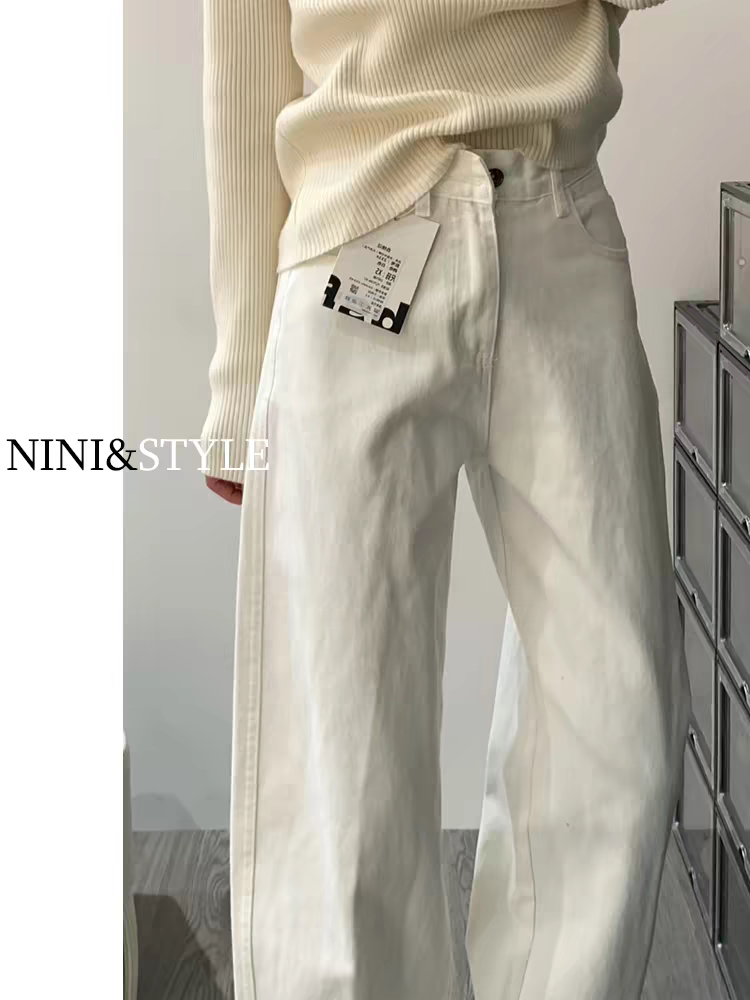 加绒白色窄版阔腿牛仔裤女秋冬2026新款高腰高级垂感小个子直筒裤