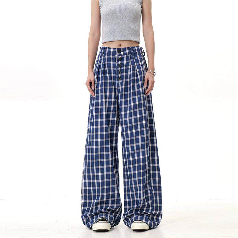 复古格子休闲裤男女宽松慵懒风阔腿直筒排扣设计拖地裤赵露思同款