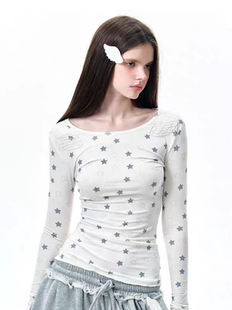 NECY 原创星星满印长袖翅膀刺绣设计春季新款修身T恤甜酷上衣女