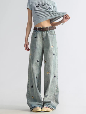 「CHANT2nd」童趣小狗刺绣牛仔裤女阔腿宽松拖地裤高腰显瘦直筒裤