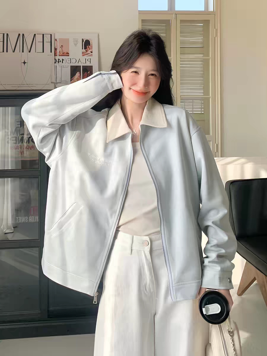 蓝色减龄超好看麂皮绒短外套女2026春新款韩系小个子宽松休闲夹克