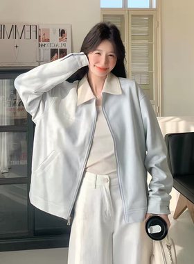 蓝色减龄超好看麂皮绒短外套女2026春新款韩系小个子宽松休闲夹克