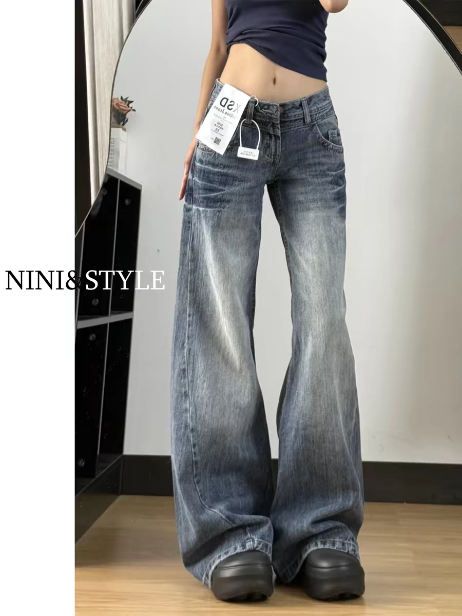 美式复古低腰阔腿牛仔裤女2026春季新款宽松小个子辣妹微喇叭裤子