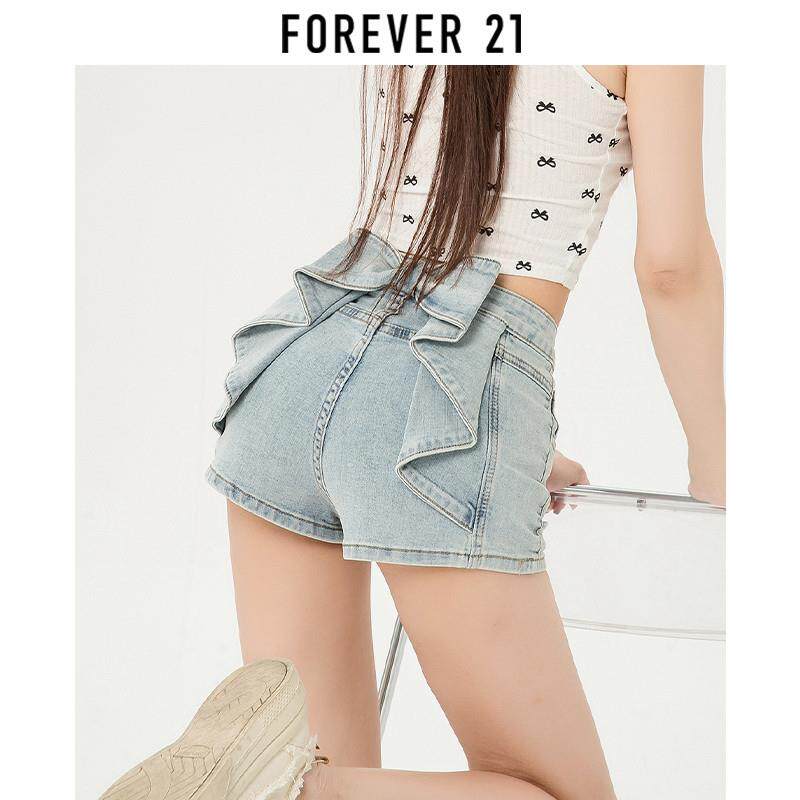 Forever 21蝴蝶结牛仔短裤女夏季设计感高腰辣妹紧身提臀显瘦热裤