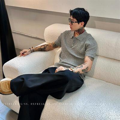 OXFREAK编织绞花纹理老钱风海鸥领针织polo衫男短袖夏季半袖