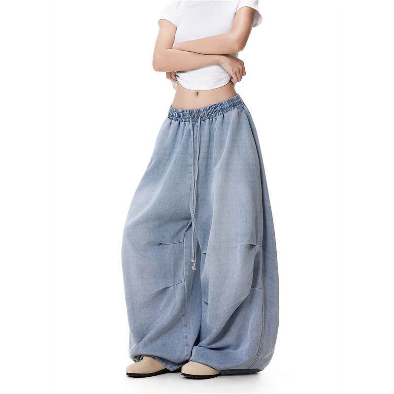 美式街头褶皱松紧腰设计阔腿牛仔裤男女宽松休闲hiphop垂感裤子潮