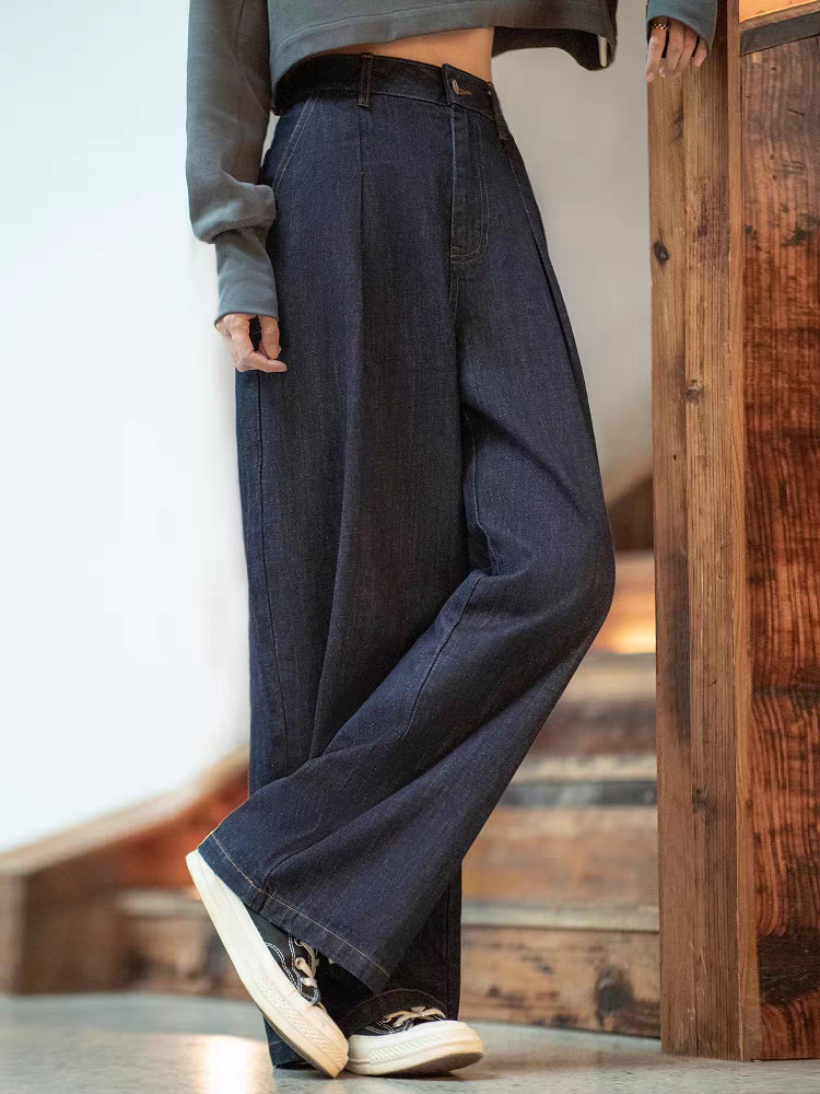 复古原色丹宁打褶牛仔阔腿裤小个子工装宽松直筒裤子春季女士