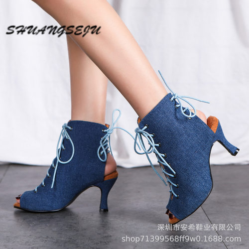 2026新款牛仔爵士舞蹈短靴系带性感heels成人女式拉丁舞鞋B