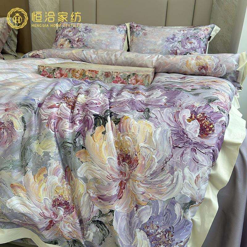 高端复古全棉超柔四件套花卉数码印花纯棉美式被套床上用品紫绿色