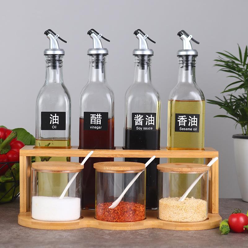 厨房调料盒木架子套装调味罐玻璃盐罐油瓶收纳置物架调料瓶组合装
