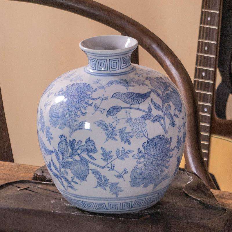 淡雅青花瓷石榴花瓶水培花客厅高档插花装饰品摆件艺术花器花瓶