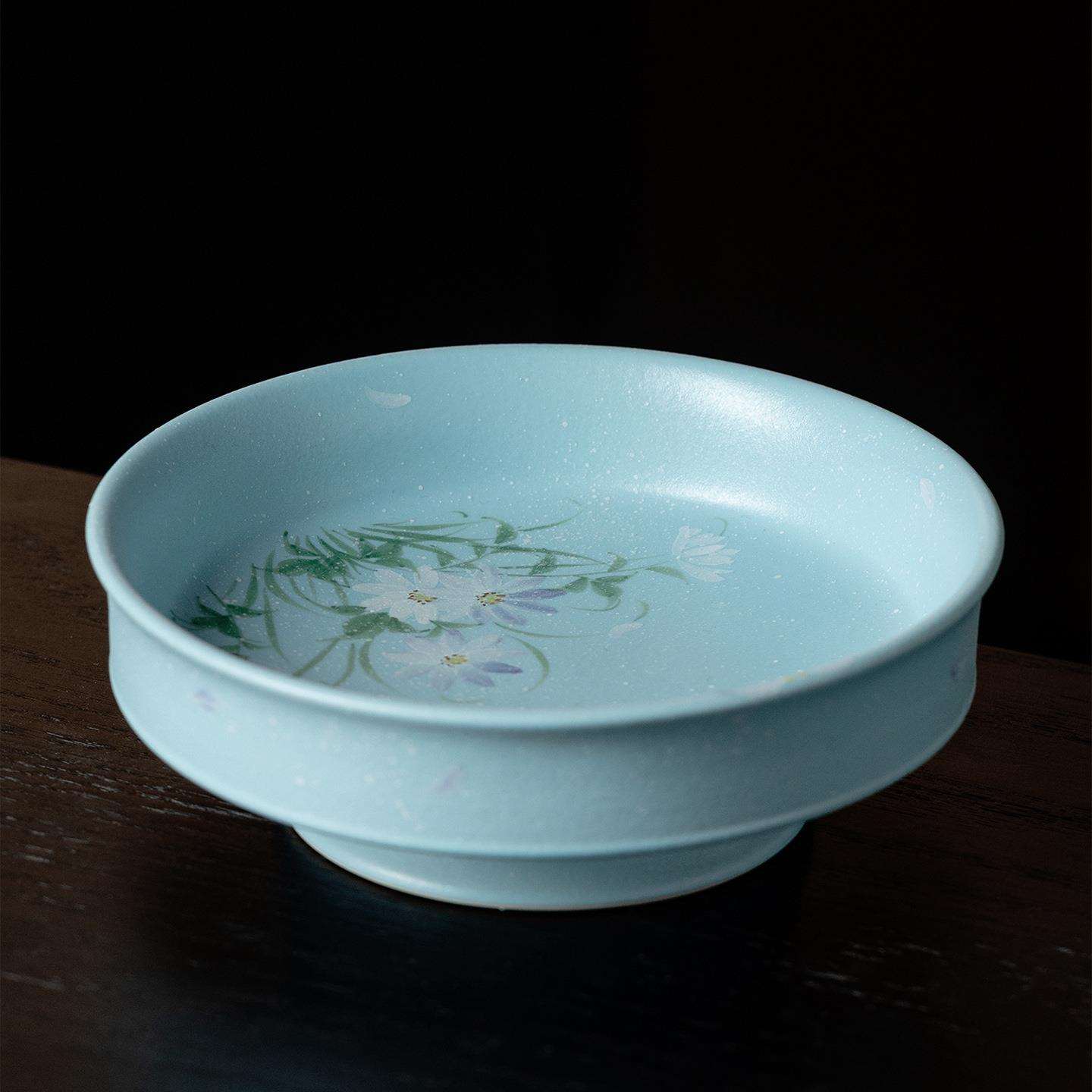墨己束刻湖蓝花涧书怀壶承茶道配件家用茶点盘陶瓷手绘干泡盘底托